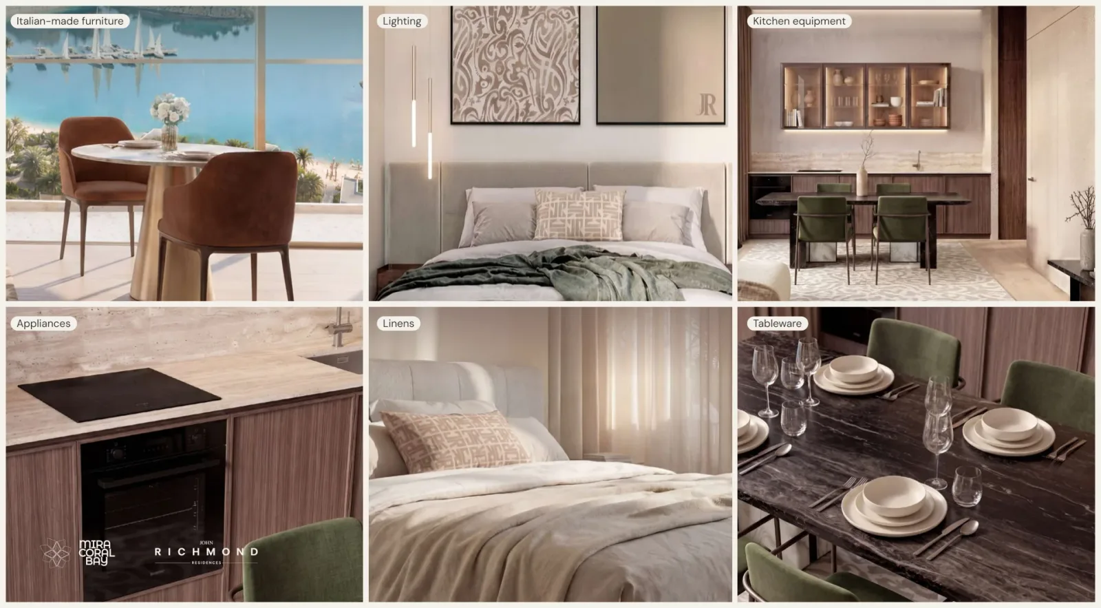 A presentation page of six close views of the furnishing specification — the dining chairs, the lighting, the kitchen equipment, the appliances, the linens and the tableware