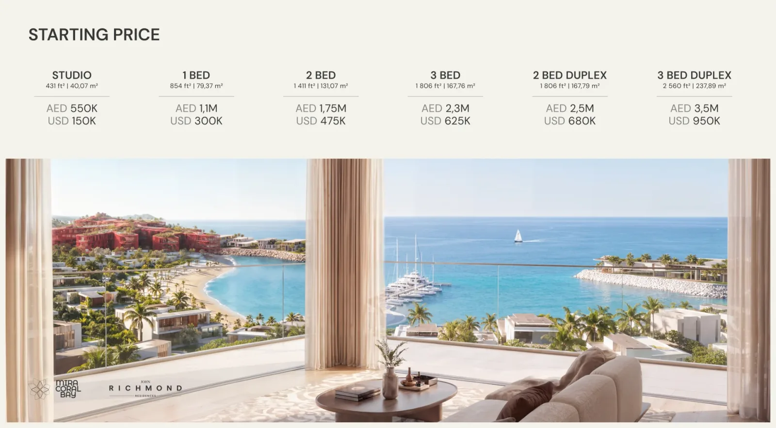 A presentation page of starting prices by format, from a studio at AED 550K to a three-bedroom duplex at AED 3.5M