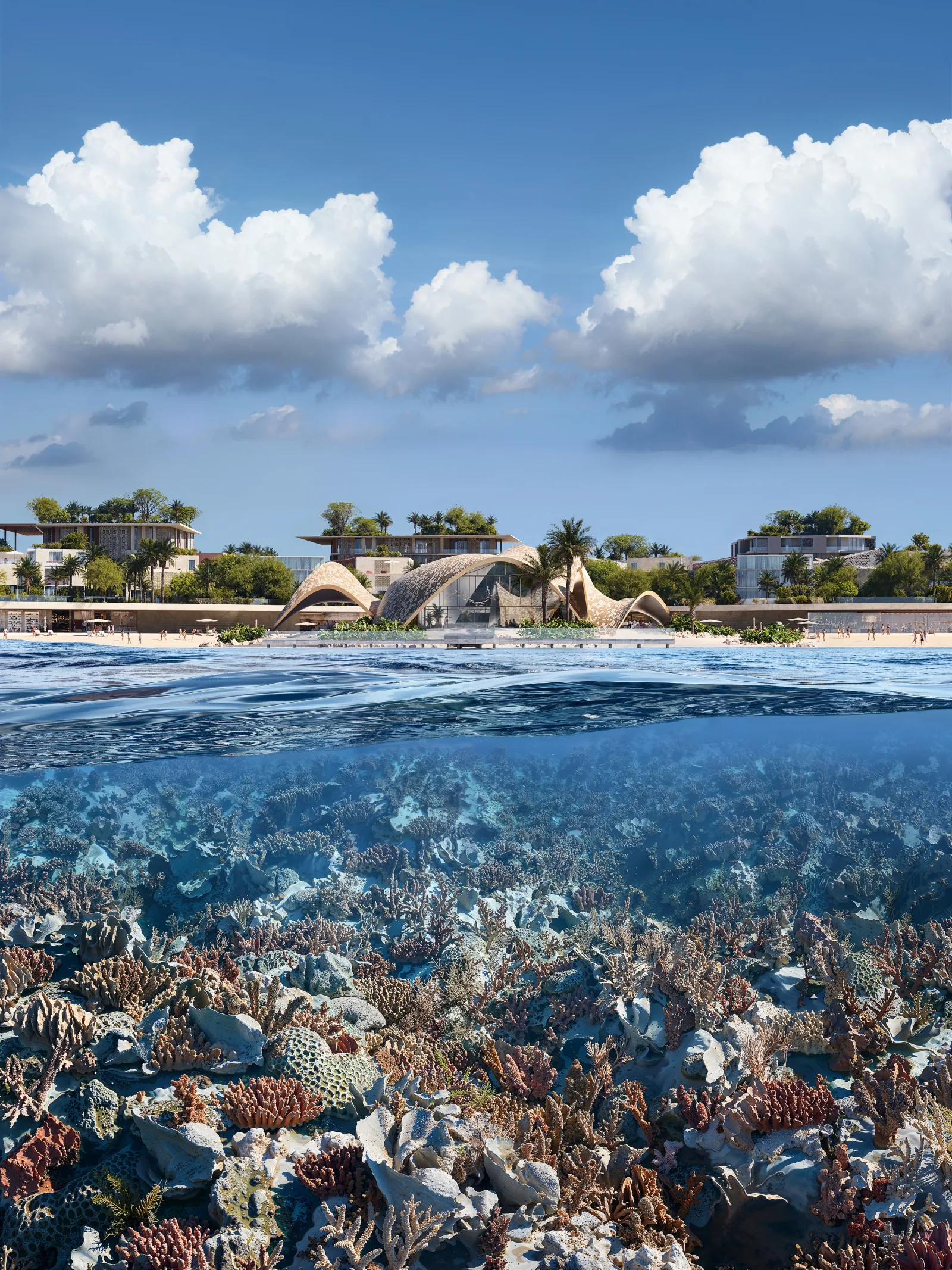 A split over- and under-water view at Mira Coral Bay, the coral reef below the surface and the shell-roofed pavilions along the shoreline above it