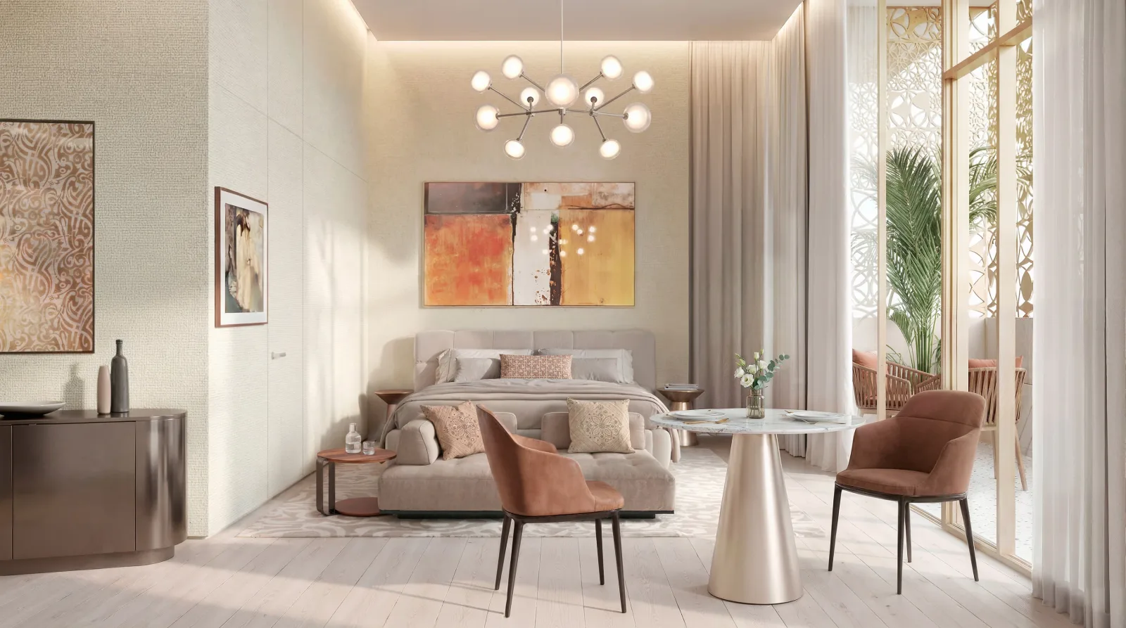 A furnished residence at Mira Coral Bay, full-height glazing onto a screened terrace