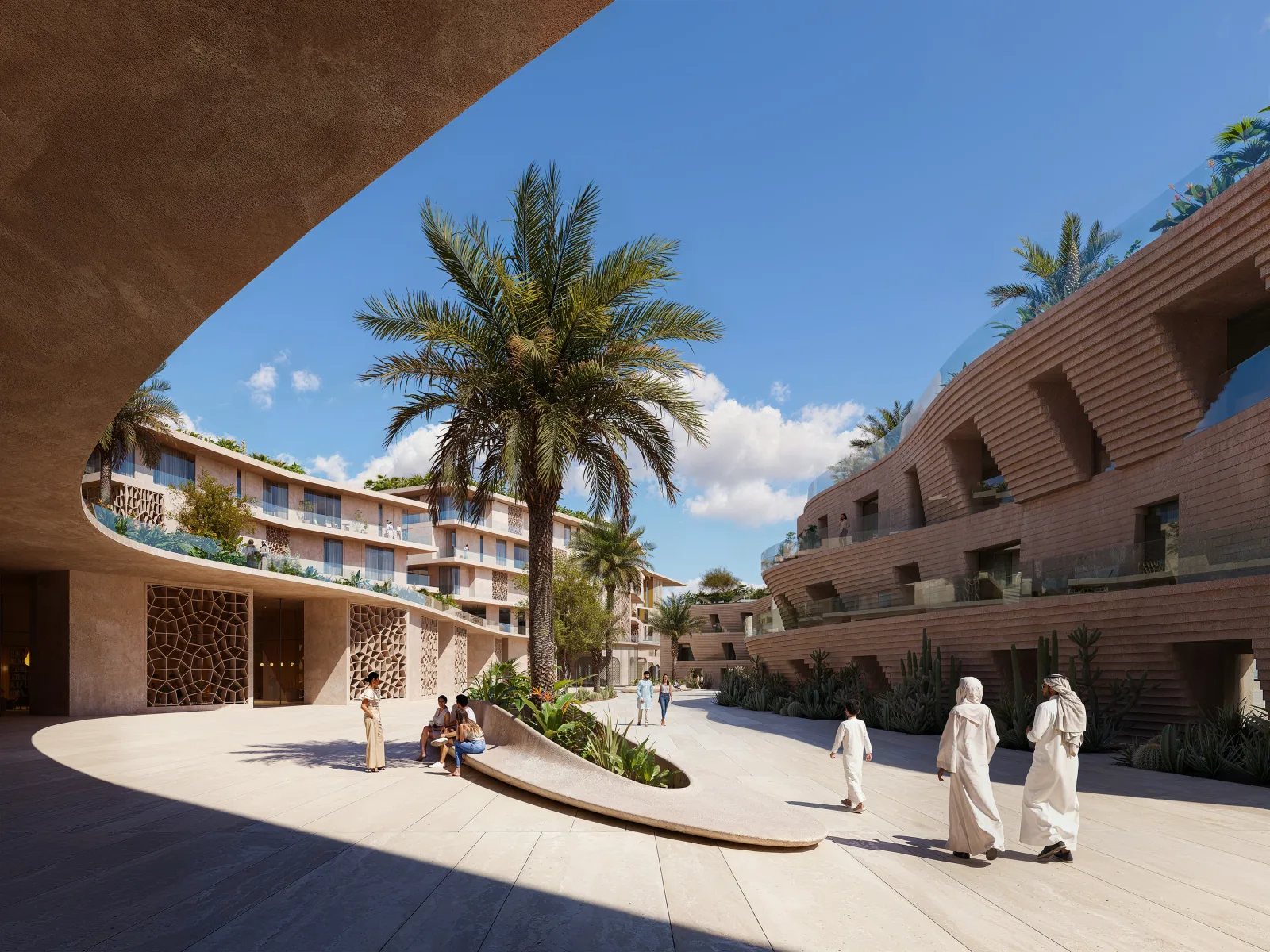 A shaded plaza beneath a curved canopy, with a date palm and terraced residences behind