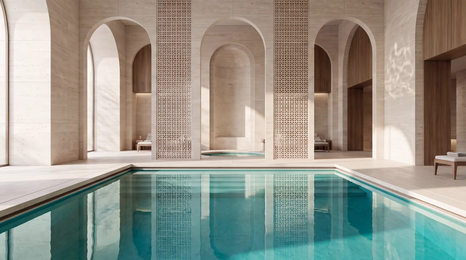 The arched indoor pool at the community spa hotel, mashrabiya screens between the travertine piers
