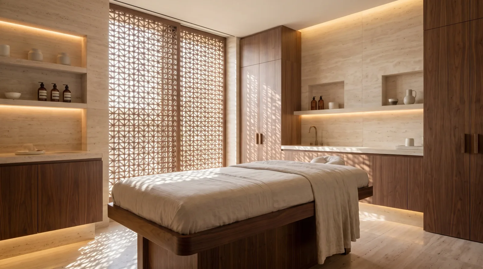A treatment room at the community spa hotel, walnut joinery and linen lit through a mashrabiya screen