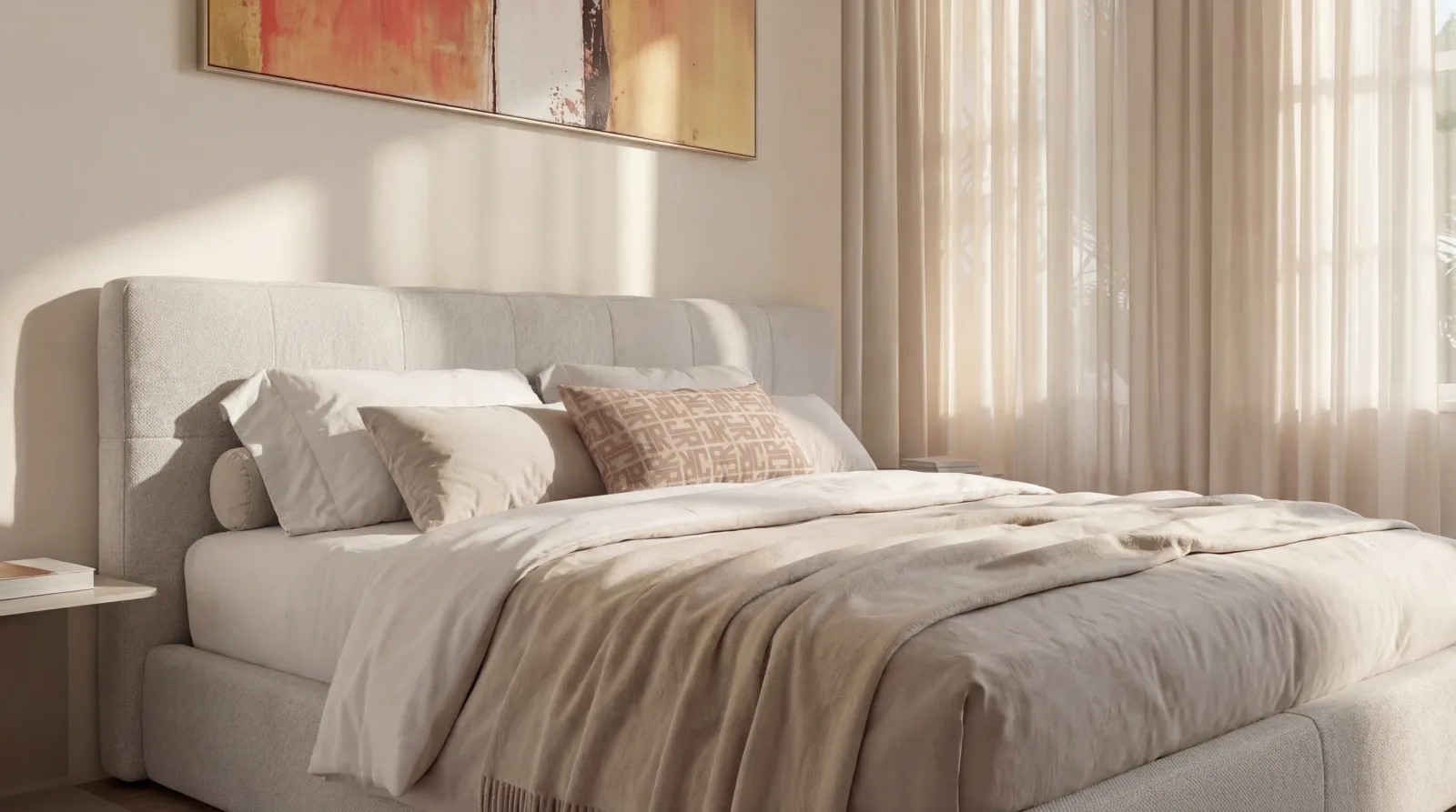 A made bed with an upholstered headboard against a plain wall, an abstract canvas above it and daylight through sheer curtains