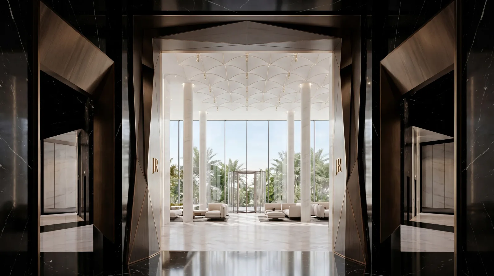 A dark stone and bronze portal framing the seating area and the palms beyond it