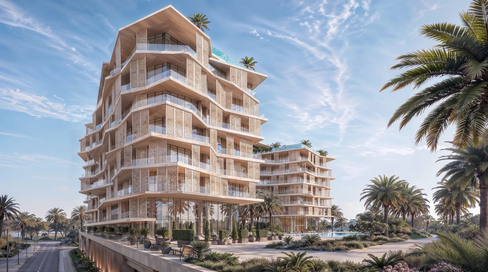 Richmond Residences seen from the landscaped approach: nine storeys of stepped balconies in pale stone, latticed screens between the glazing and a rooftop pool