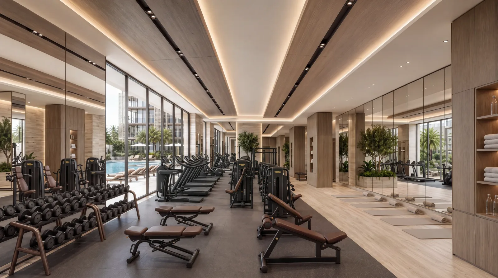 A gym under a timber ceiling: free weights and benches on one side, mats and mirrors on the other, the pool through the glazing