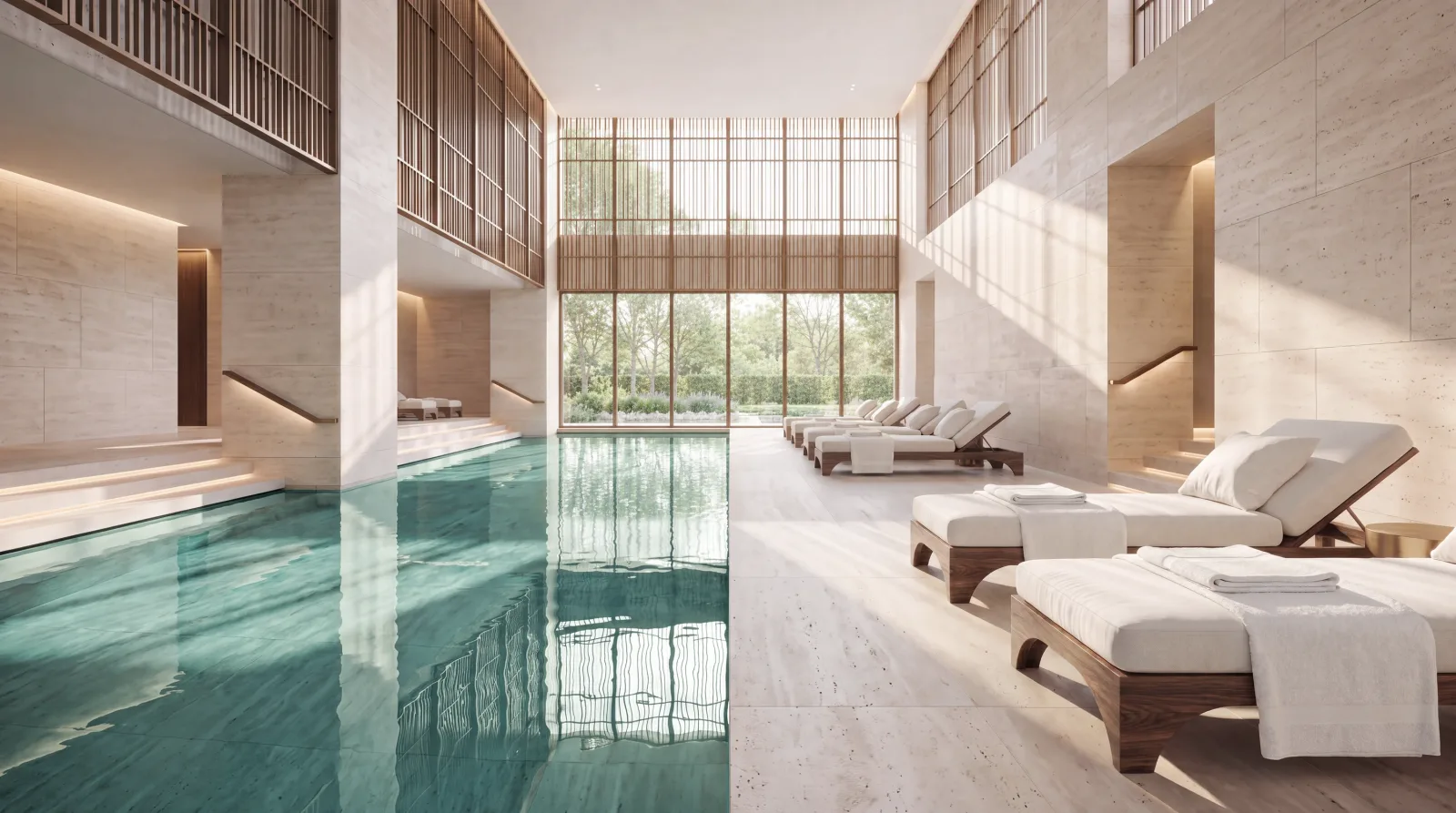 A long indoor pool in a double-height travertine room, timber loungers in a row along the water