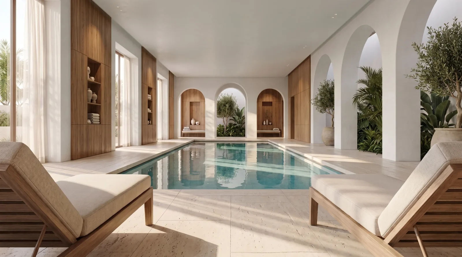 A smaller indoor pool between white arches, timber-framed loungers and potted olive trees on the stone deck
