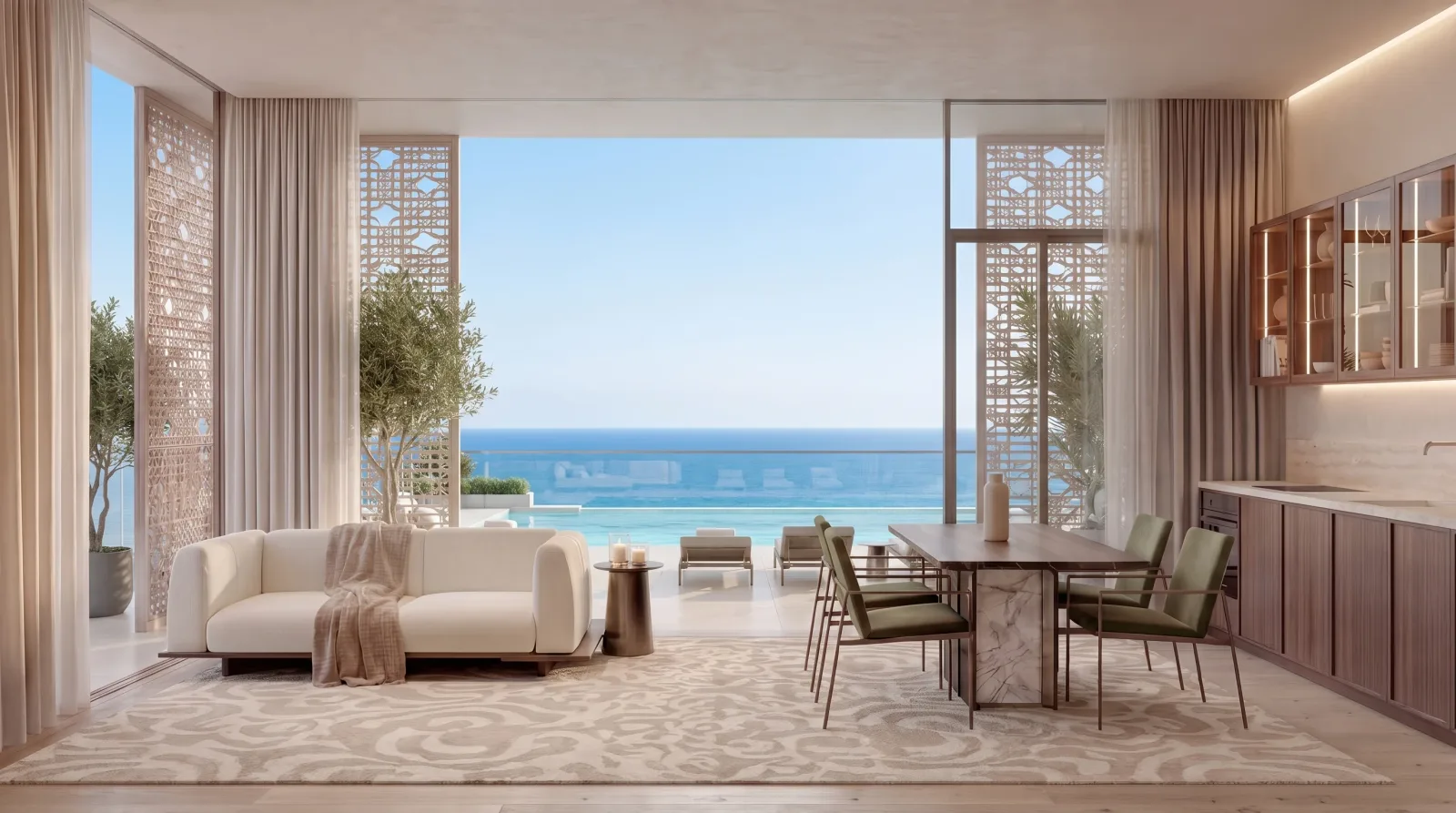 A living and dining room opening through carved screens onto a terrace, a pool and the open sea beyond it