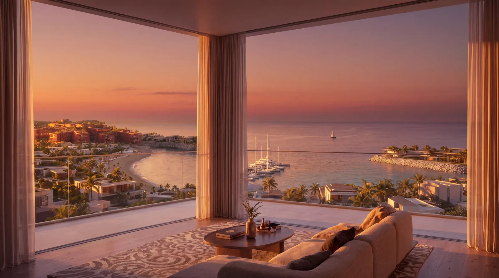 A living room at dusk, floor-to-ceiling glazing on two sides open to the marina and the last of the light on the water