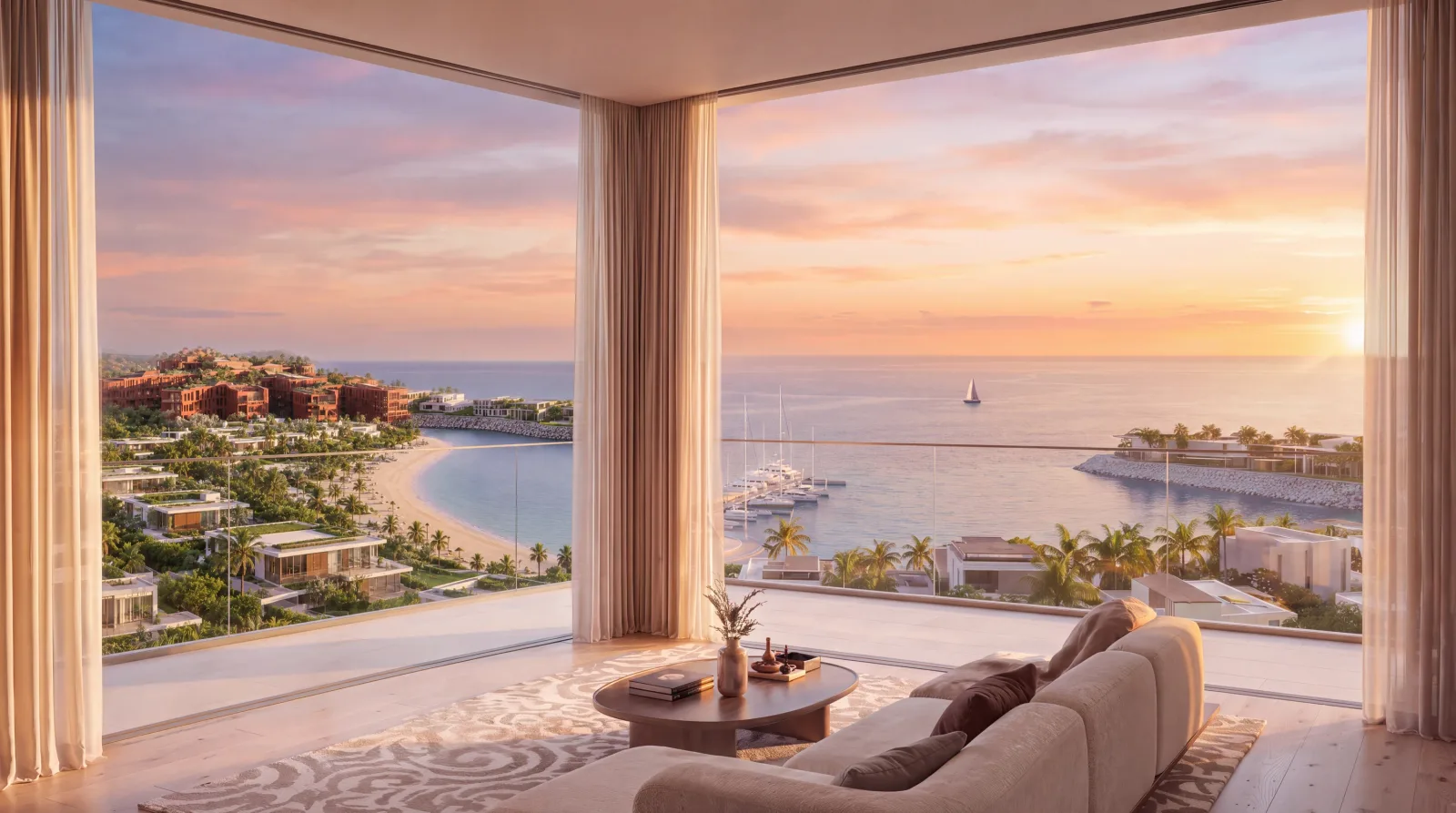A furnished living room at Richmond Residences: a cream sofa and a low round table on a patterned rug, corner glazing running floor to ceiling over the bay, the beach and the marina at sunset