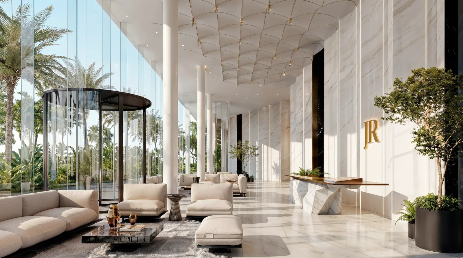 A tall marble hall under a fluted white canopy, pale sofas and low tables, palms through the glazed wall