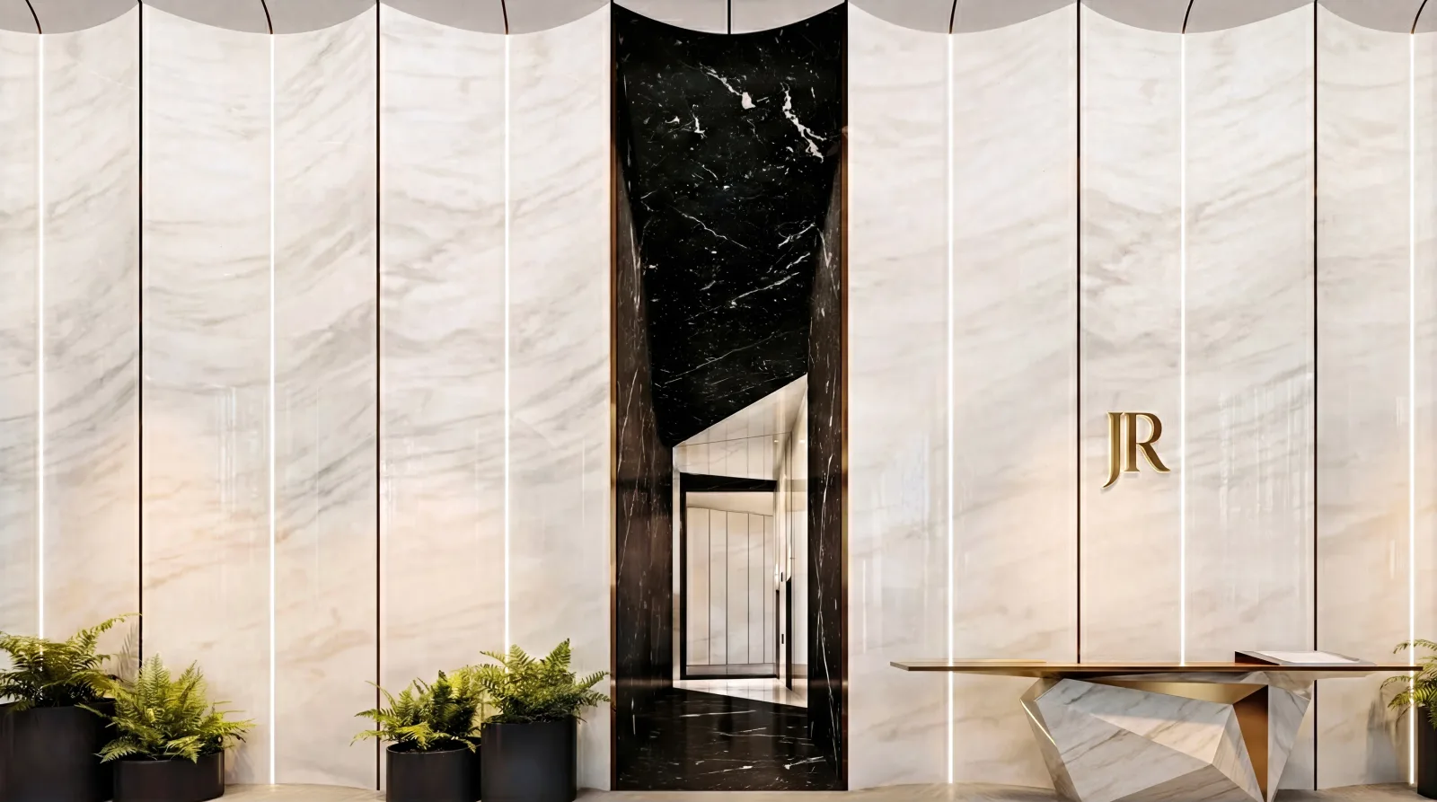 A reception wall of book-matched pale marble split by a black marble slot, a faceted console and ferns below it